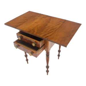 Antique c1900s Fine Turned Leg Brass Pull Flame Mahogany Drop Leafs Side Table