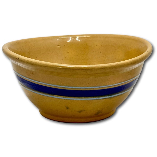 Antique Thick Yellow Ware 12 Inch Kitchen Mixing Bowl With Unusual 2 Color Blue Banded Decoration - Late 1800s. For Sale - Image 9 of 18