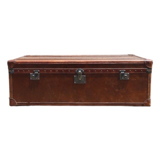 Restoration Hardware Vintage Leather Trunk Coffee Table | Campaign Style Storage Chest Cocktail Table For Sale
