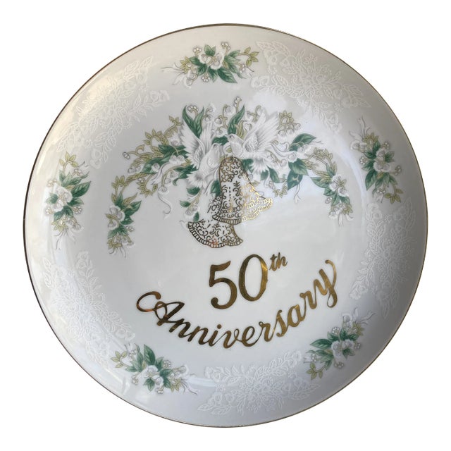 Vintage Lefton China " Hand Painted " 50th Anniversary Pedestal Cake Stand For Sale