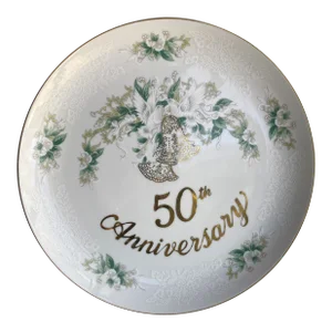 Vintage Lefton China " Hand Painted " 50th Anniversary Pedestal Cake Stand