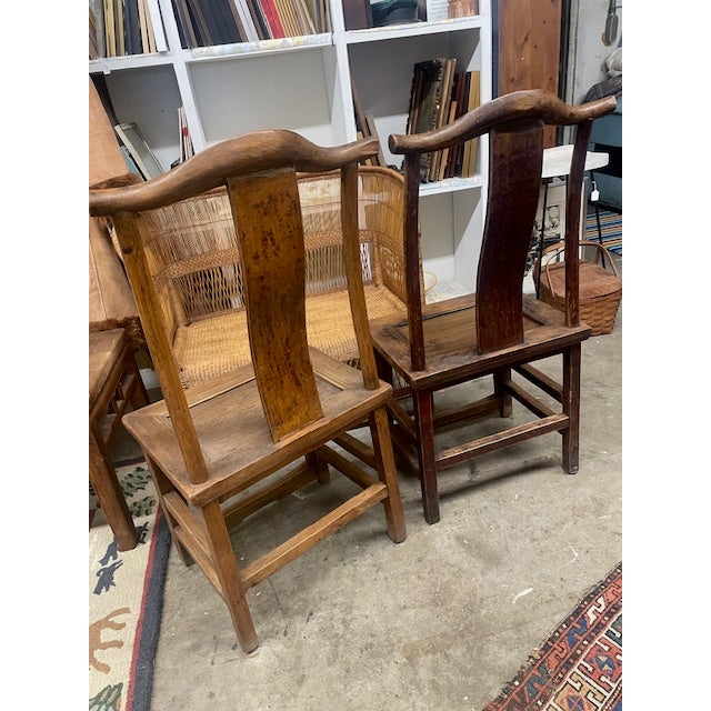 Vintage Pair Asian Elmwood Oriental Wood Yoke Back Dining / Side Chairs For Sale - Image 17 of 18
