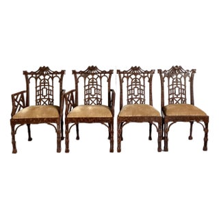 Late 20th Century Vintage Regency Faux Finished Fretwork Pagoda Dining Chairs - Set of 4 For Sale