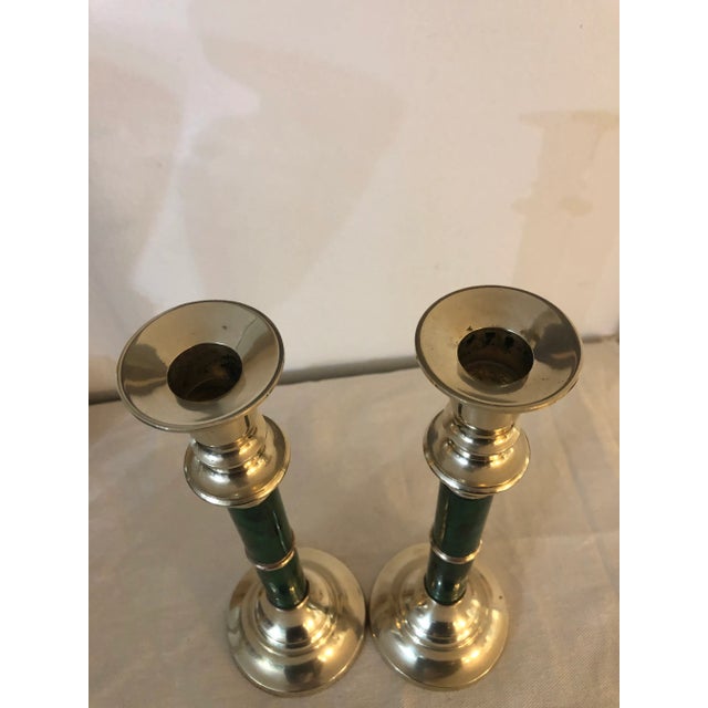 1970s Vintage Faux Malachite and Brass Candlesticks by Andrea by Sadek - a Pair For Sale - Image 5 of 8