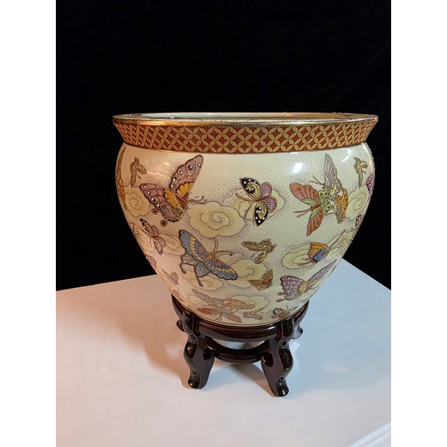 Vintage 1970s New England Pottery Koi Fish Bowl Planter featuring an Imperial Butterflies design with stand, beautiful...