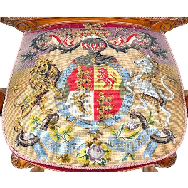 Brown Victorian Walnut Armchair with Royal Coat of Arms Upholstery, 1860 For Sale - Image 8 of 14