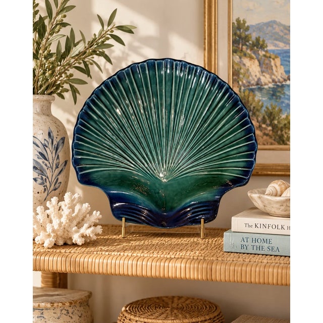 Late 20th Century Vintage Portuguese Teal Ceramic Scallop Shell Serving Dish — Large 15" For Sale - Image 5 of 5