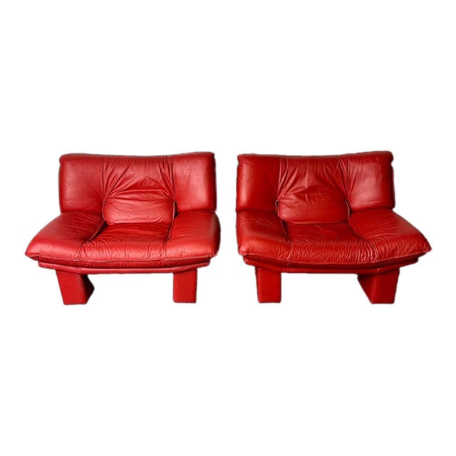 Italian Modern Leather Pair of Arm, Lounge Chairs, Bitonto, Red Leather Chairish