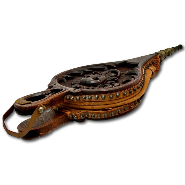 Fine Antique Hand Carved Walnut Black Forest Fireplace Bellows Northwind For Sale - Image 9 of 18