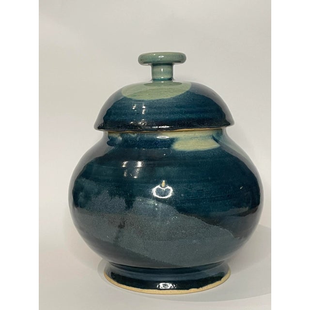 Mid-Century Modern Abstract Modern Blue Ceramic Lidded Ginger Jar For Sale - Image 3 of 11