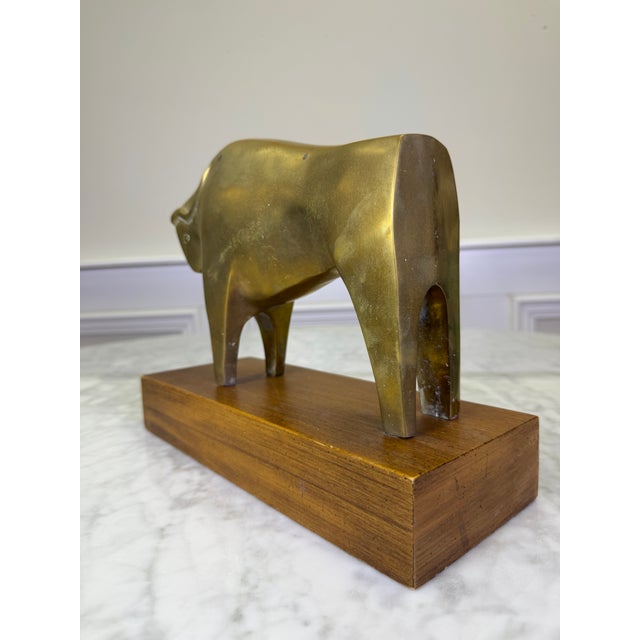 Vintage Mid-Century Modernist Solid Brass Bull Sculpture on Walnut Base For Sale - Image 4 of 8