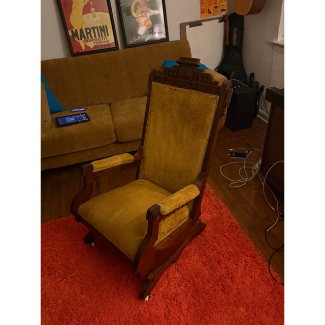 Victorian Antique Eastlake Victorian Platform Rocking Chair | Walnut | Original Gold Velvet | For Sale - Image 3 of 6