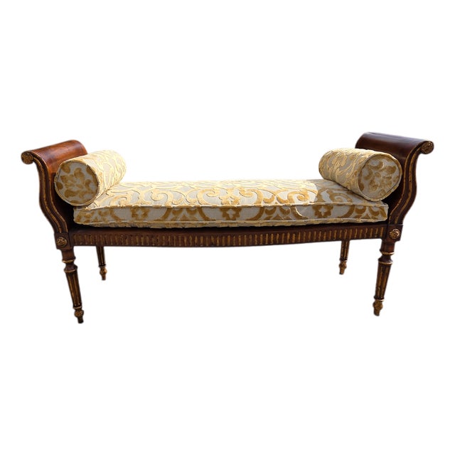 1990s John Richards Window Bench Settee French Regency Damask Neo Classical Ottoman For Sale
