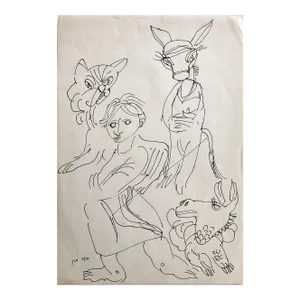 Moshe Avni, Vintage Israeli Bezalel School Drawing Surrealist Boy with Animals Kibbutz Life, c.1960's