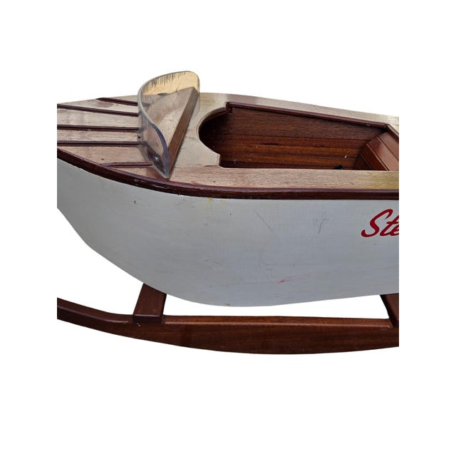 Vintage Folk Art Speedboat Mahogany Runabout Boat Rocking Horse Chris Craft Style For Sale In Philadelphia - Image 6 of 18