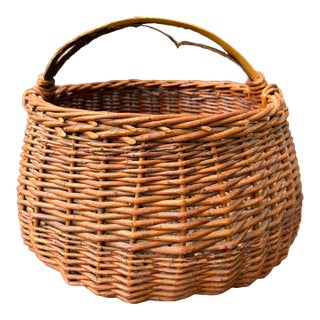 Large Antique Hand Woven Willow Gathering Basket Branch Handle For Sale