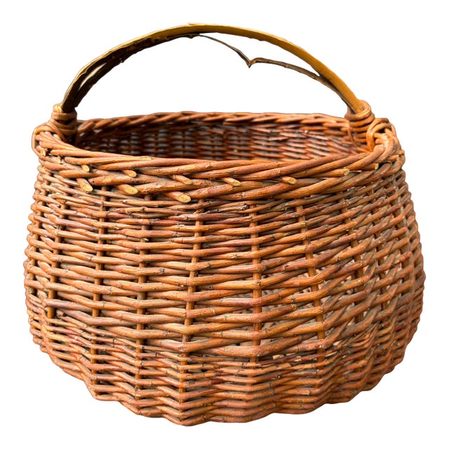 Large Antique Hand Woven Willow Gathering Basket Branch Handle For Sale