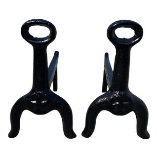 Antique Heavy Cast Iron Loop Top Fireplace Andirons Fire Dogs Pair Early 1900s For Sale
