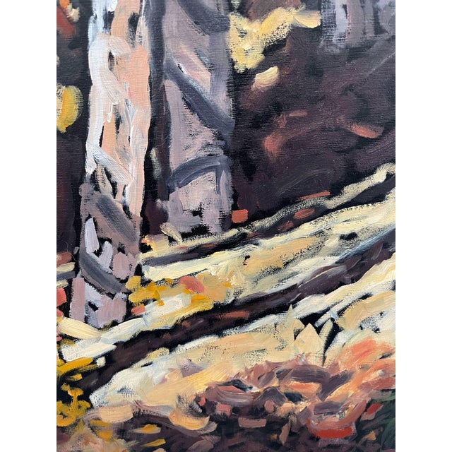 Olde World Charm by Deb Komitor | Oil on cradle board Landscape with trees and a stream For Sale - Image 4 of 5