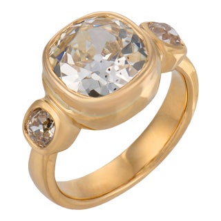 Vintage Gia 3.52 Carat Old Mine Cut Diamond 18k Yellow Gold Trilogy Ring, Size 6 For Sale