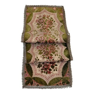 Vintage Japanese Gobelin Rose Tapestry Table Runner Olive Green Pink Metallic Trim For Sale