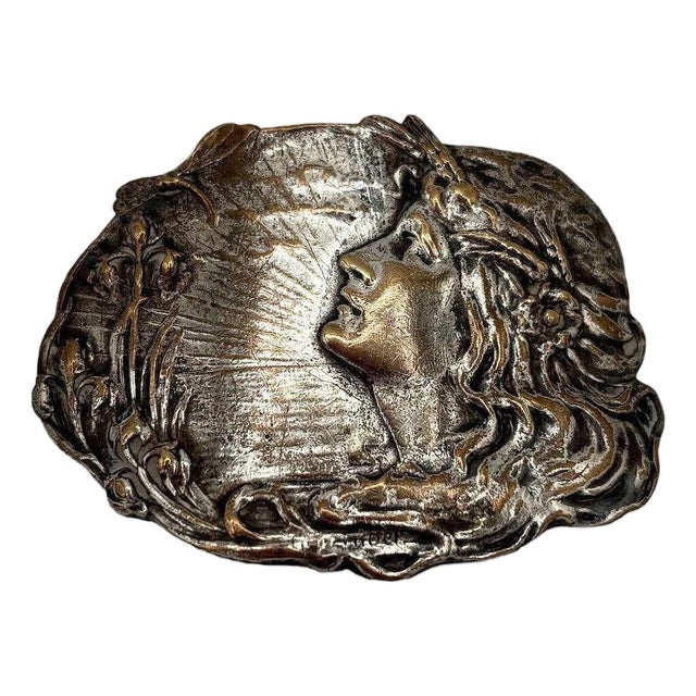 Vintage Art Nouveau Silver Plated Brass Female Portrait Belt Buckle For Sale