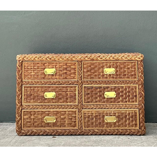 Vintage Braided Rattan Six Drawer Campaign Dresser For Sale - Image 15 of 15