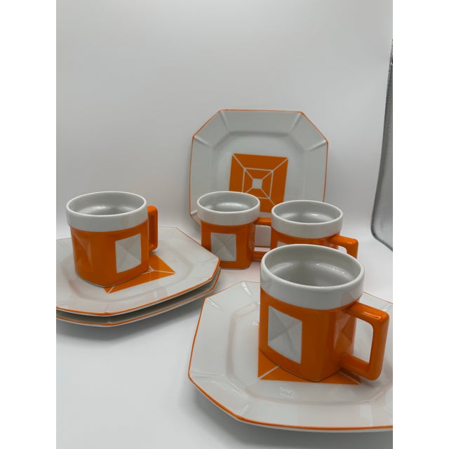 1950s Mid-Century Modern Trend by Nasco Geometric Orange and White Ceramic Mug and Saucer Set - 9 pcs For Sale - Image 4 of 11