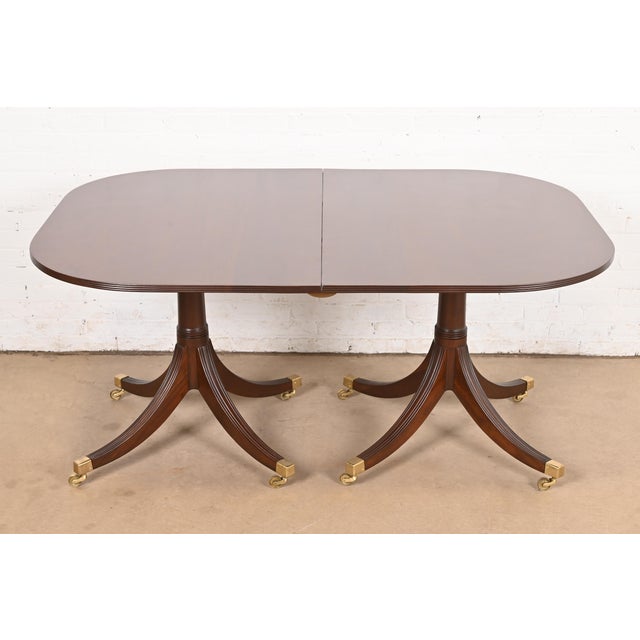 Mid 20th Century Baker Furniture Style Georgian Mahogany Double Pedestal Extension Dining Table, Newly Refinished For Sale - Image 5 of 11