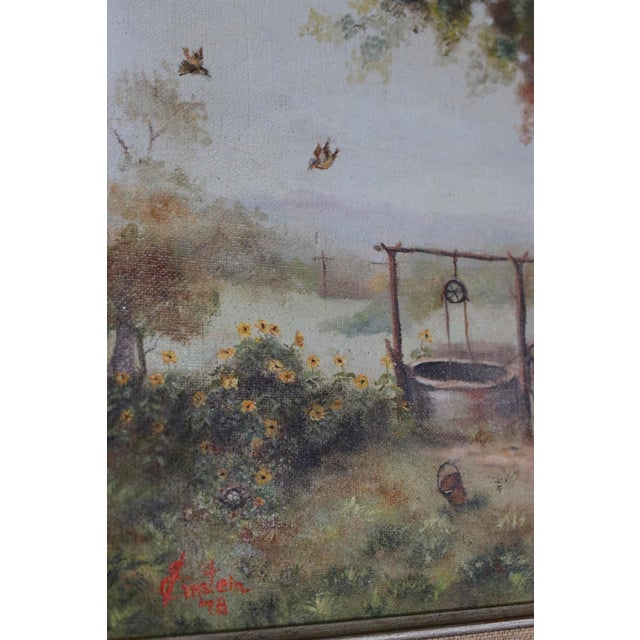 American 1970s Bucolic Country Cottage Oil Painting by Einstein in Multi-Layer Gilt Frame For Sale - Image 3 of 16