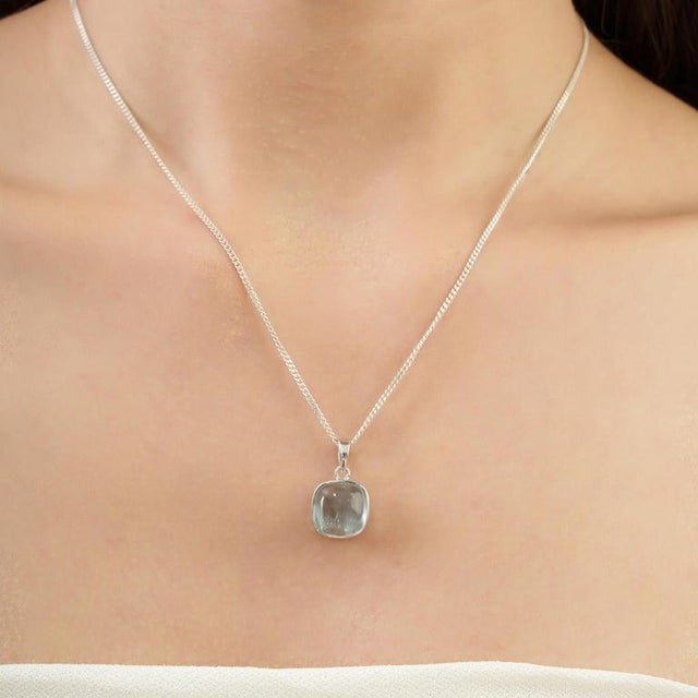 Cushion Cut Aquamarine Bezel Set Solitaire Pendant in 925 Sterling Silver For Sale - Image 9 of 14