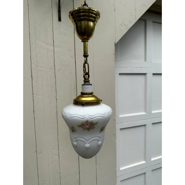 Old Lights On is pleased to offer this vintage brass hanging fixture with vintage glass shade. It is rewired and ready to...