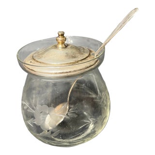 Vintage Glass Jam Jelly Jar and Sterling Silver Spoon For Sale