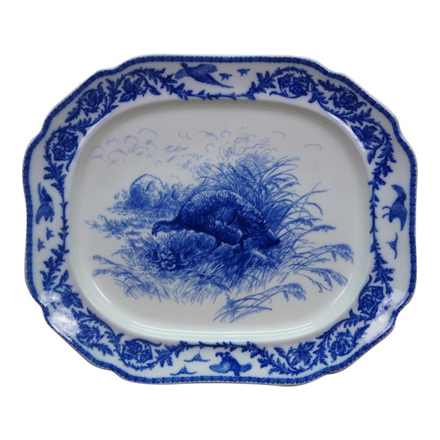 Antique Royal Cauldon Flow Blue Thanksgiving Turkey Meat Serving Platter 22" For Sale