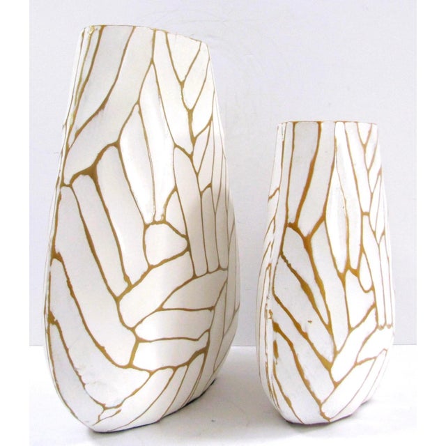 2000 - 2009 Pair of Currey & Company Cast Aluminum Anika White With Gold Accent Vases For Sale - Image 5 of 11