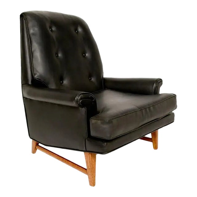 Classic 1950s Heritage Black Lounge Chair Faux Leather Mahogany For Sale