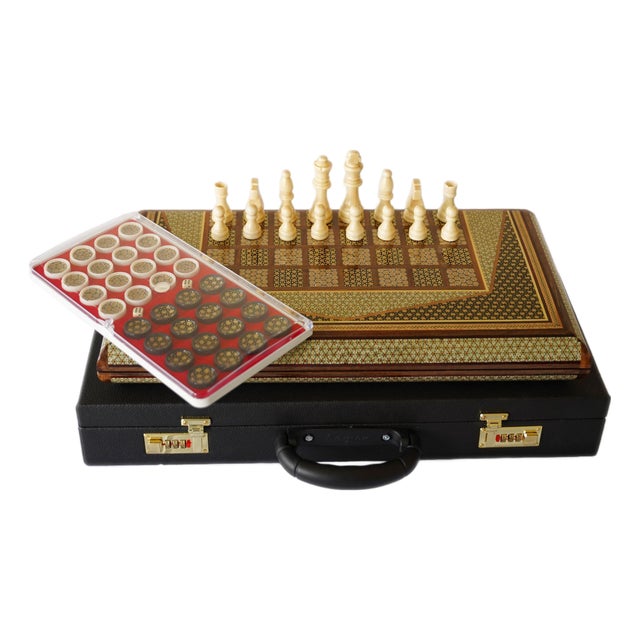 Khatam Marquetry Chess & Backgammon Set, Gold Geometric Inlay, One-of-One For Sale