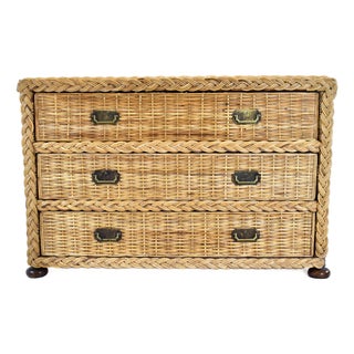 1950s Vintage Coastal Braided Woven Rattan Chest of Drawers With Walnut Bun Feet For Sale