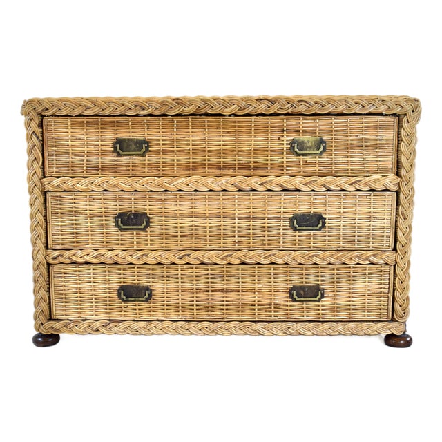 1950s Vintage Coastal Braided Woven Rattan Chest of Drawers With Walnut Bun Feet For Sale