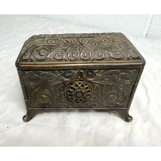 Rare Antique Ornate 1890 Cast Iron Jewel Chest (Coffin Bank) by Hart Co. Usa For Sale - Image 4 of 15