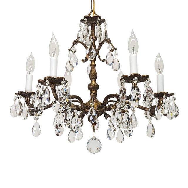 Vintage 6 Arm 6 Light Dark Patina Swanky Brass Cut Lead Glass Crystal Chandelier For Sale