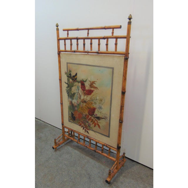 Aesthetic Victorian firescreen, made of Bamboo with silk panel