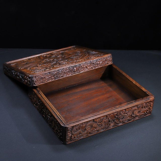 Brown Vintage Chinese Huali Rosewood Box | Carved Dragon & Phoenix Motif Chest For Sale - Image 8 of 9