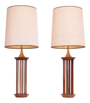 Tall Mid-Century American Modern Walnut and Brass Table Lamps - A Pair