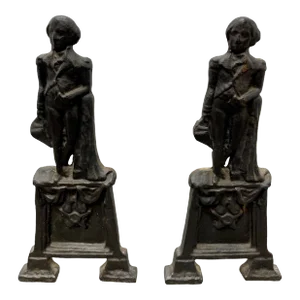 Antique Traditional American George Washington Figural Cast Iron Andirons - Pair