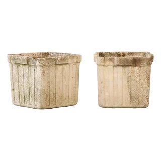 1950s Pair of 14" Square Ribbed Garden Planters For Sale
