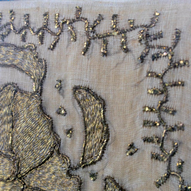 19th to 20th Century Textile Wall Art Metallic Gold Embroidered Panel on Linen Blue Silk Frame Manner of Turkish Ottoman For Sale - Image 14 of 18