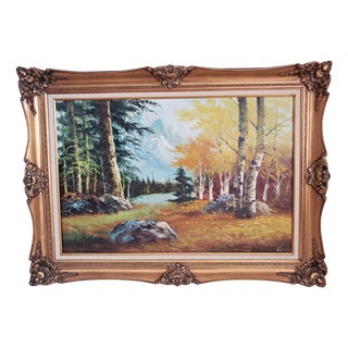 Large Vintage Woodland River Mountain Landscape, Oil Painting on Canvas, Gold Frame, Signed, 1980s For Sale
