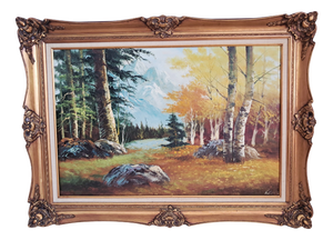 Large Vintage Woodland River Mountain Landscape, Oil Painting on Canvas, Gold Frame, Signed, 1980s