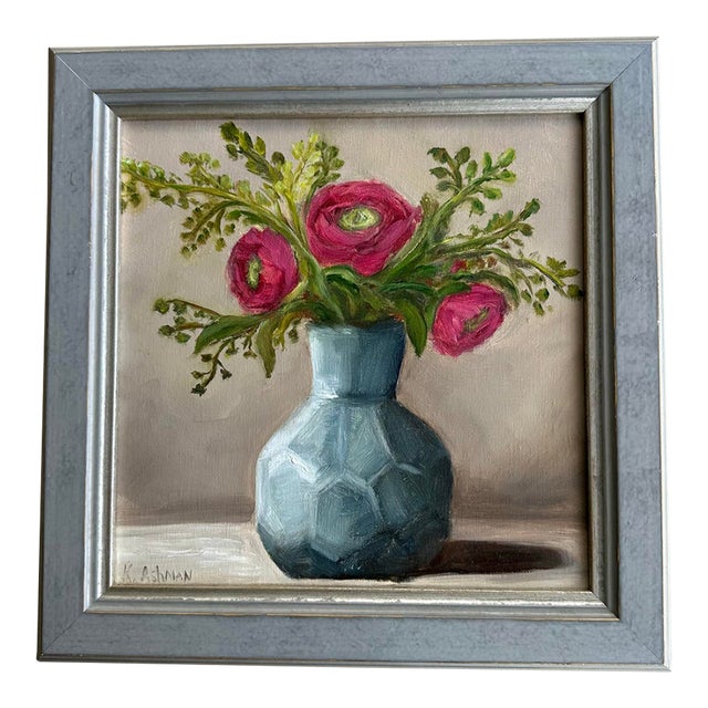 Ranunculus Flowers Still Life in Blue Vase, “Happiness Blooms” Original, Framed Oil Painting For Sale
